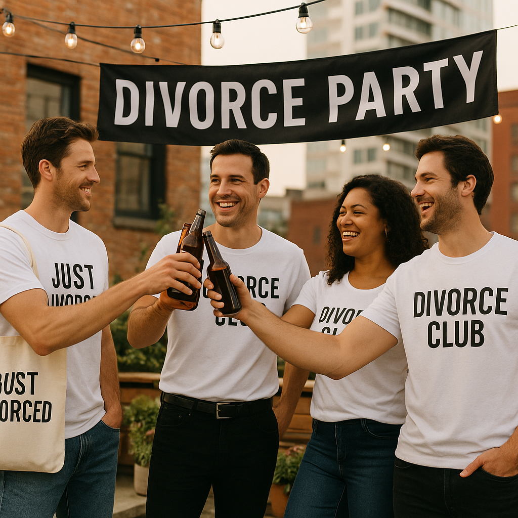 Group of men celebrating in a bold, upbeat setting, wearing coordinated pieces from the “Divorce Club – Men’s New Chapter Collection,” highlighting a fun and confident new-beginning vibe.