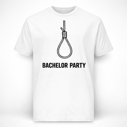 White bachelor party t shirt with minimalist rope graphic and bold lettering, funny EVG outfit for enterrement de vie de garcon, groom squad and bachelor weekend celebration white.