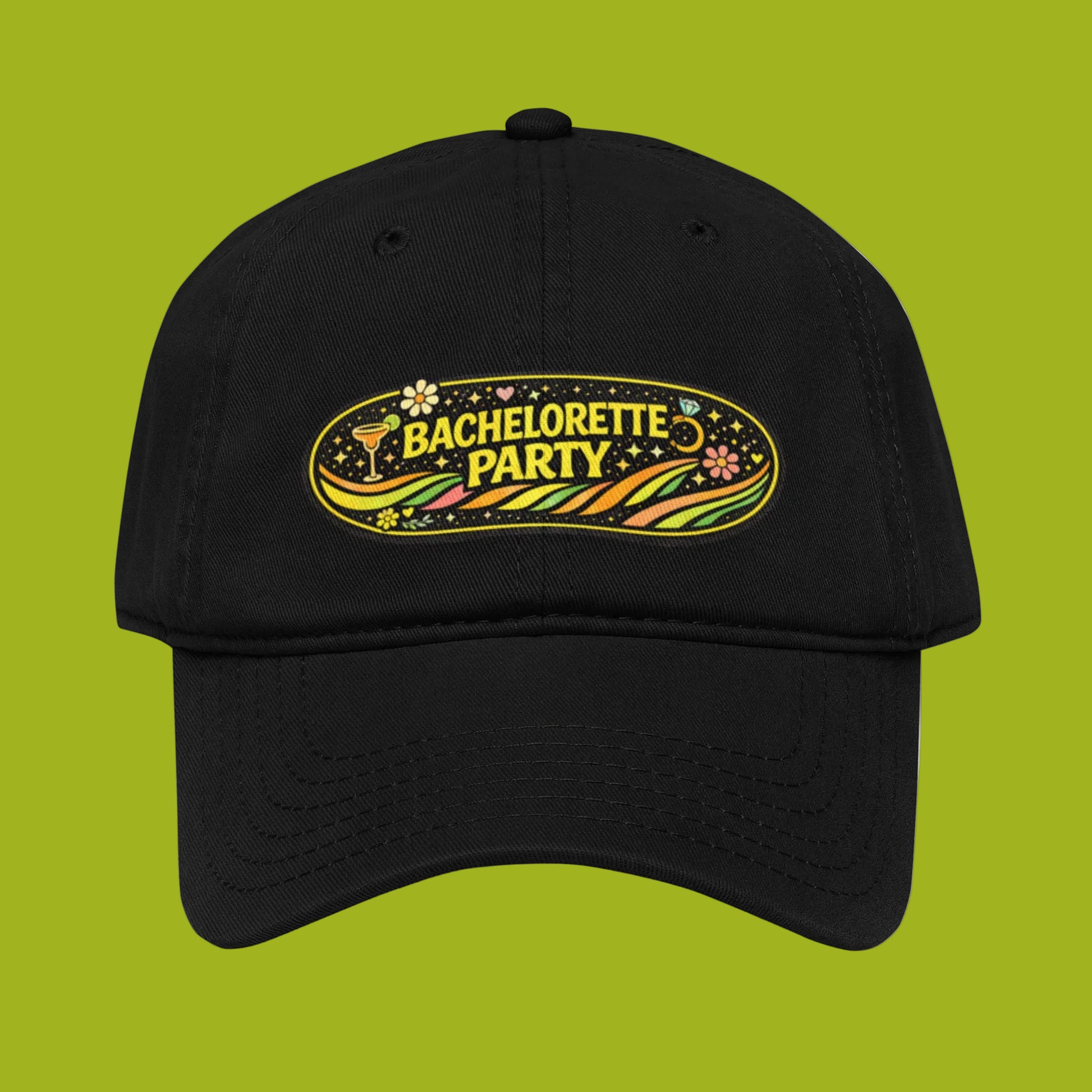 Front view of black cotton bachelorette party cap with retro festival design and adjustable fit