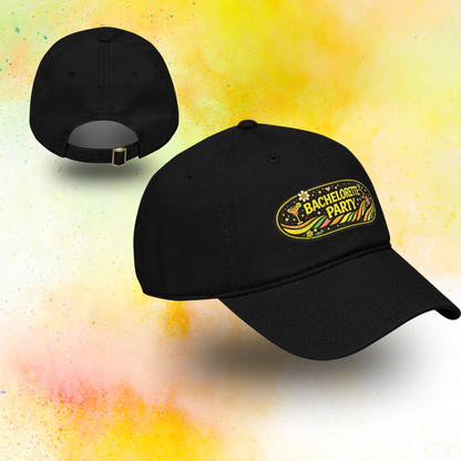 Front and back view of black bachelorette party cap with retro vintage print, adjustable strap detail, perfect hen party and bridal squad accessory black
