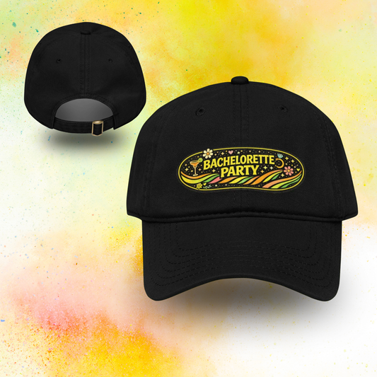 Black adjustable bachelorette party cap with retro colorful design, festival style hen party accessory for bridal celebration black