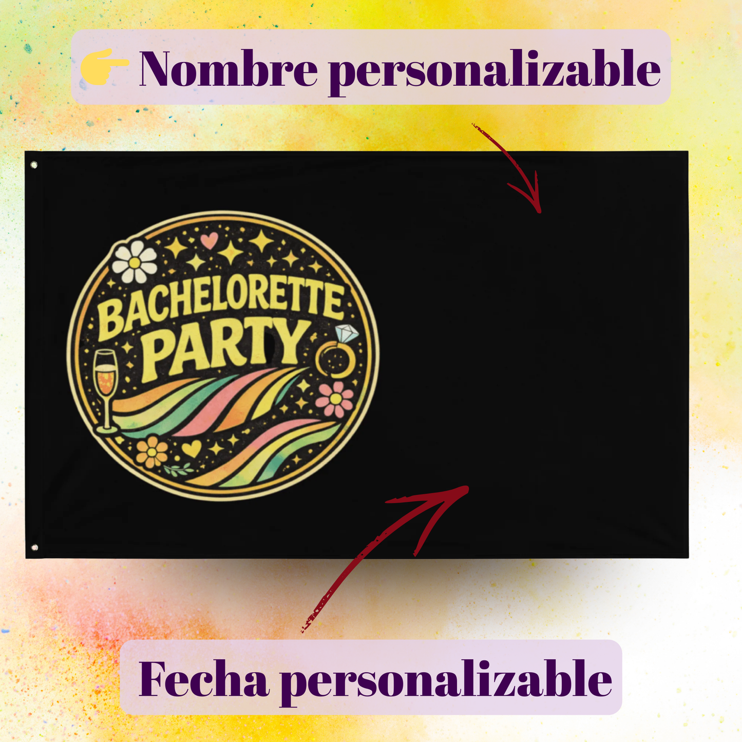 Bandera despedida de soltera personalizable con nombre de la novia y fecha, decoracion retro para fiesta entre amigas ideal para evento EVJF fondo negro negra