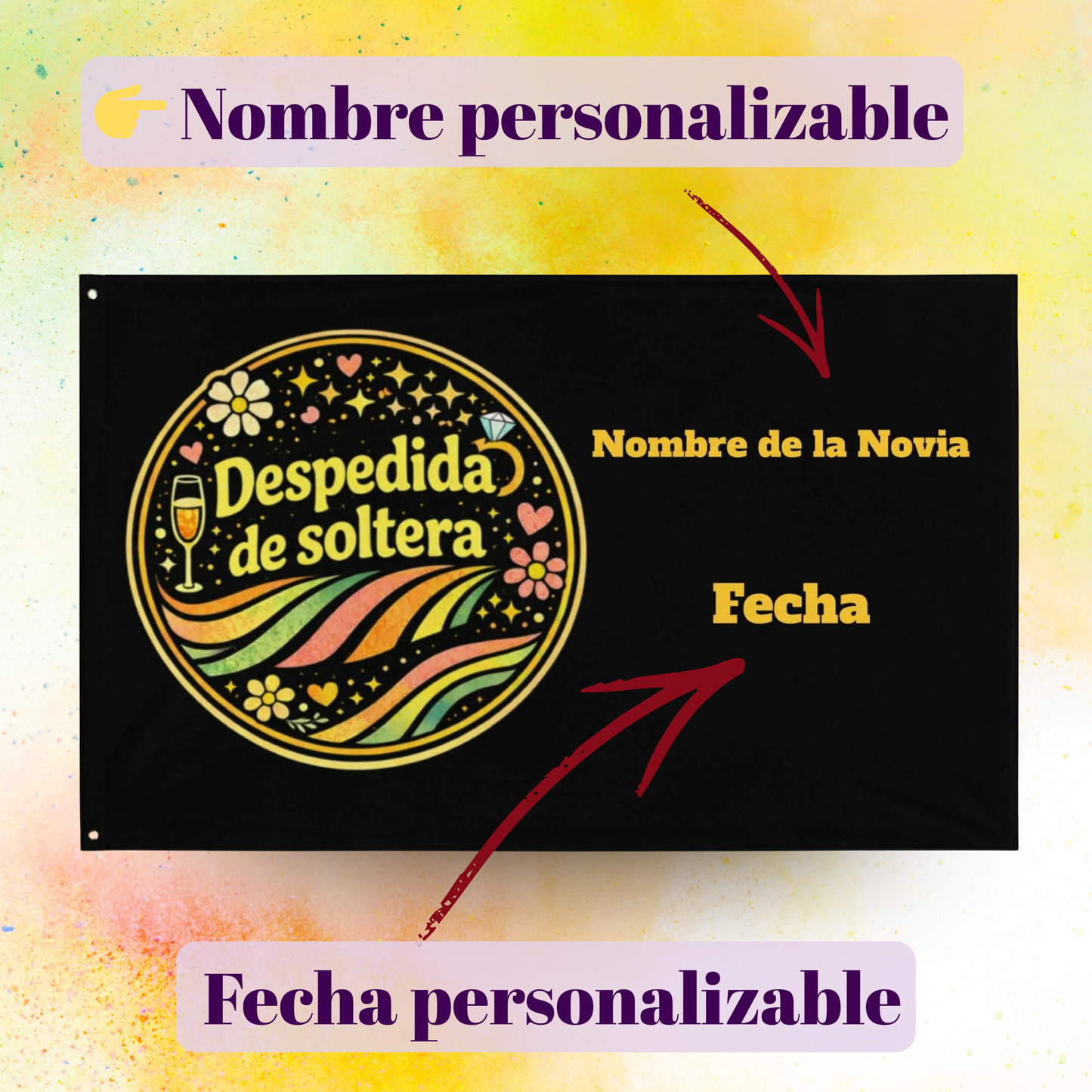 Bandera despedida de soltera personalizable con nombre de la novia y fecha, decoracion retro para fiesta entre amigas ideal para evento EVJF fondo negro negra