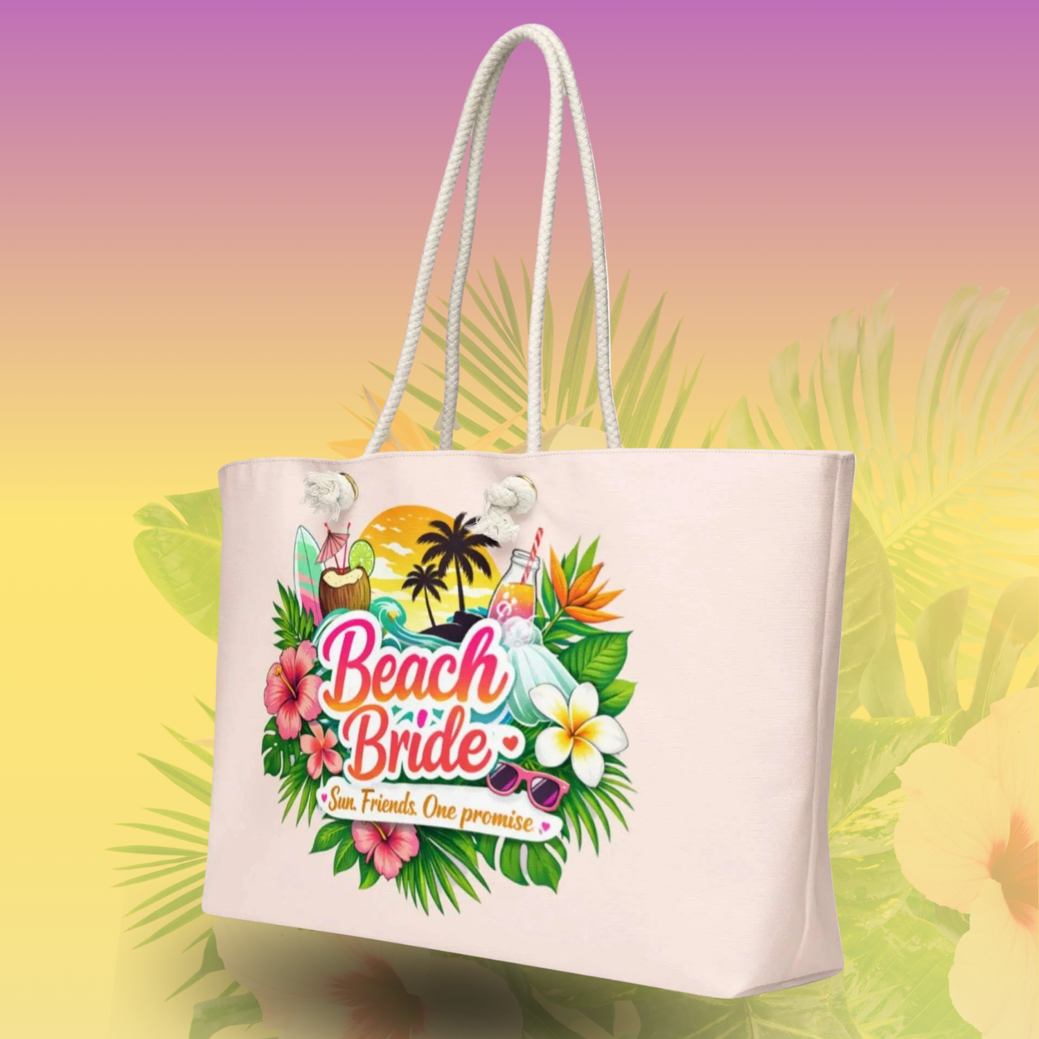 White Beach Bride tote bag with vibrant tropical flowers and palm leaves, perfect accessory for a bride-to-be beach party, hen party getaway, or tropical wedding event.
