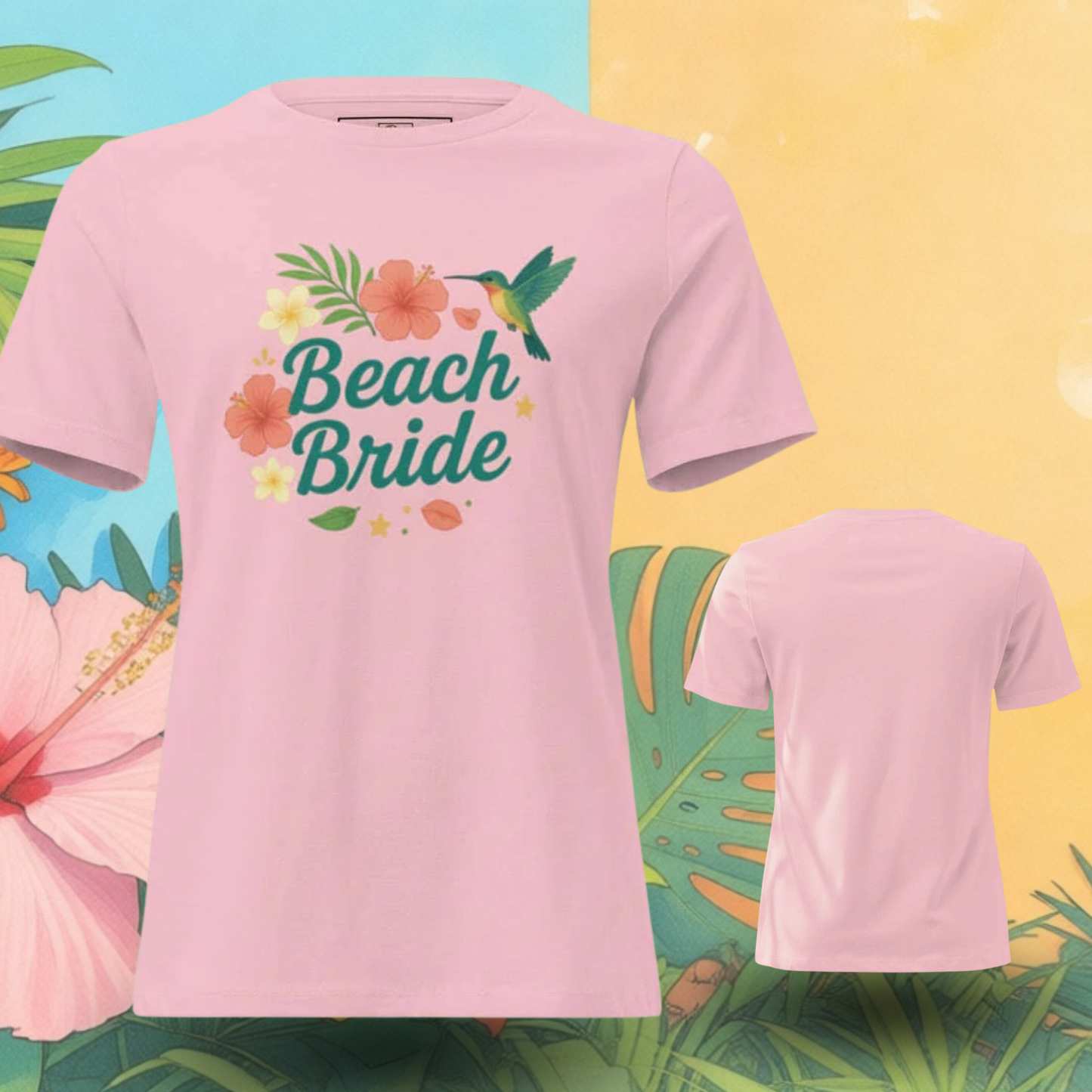 Pink Beach Bride tropical t-shirt with floral design, perfect summer outfit for beach bachelorette party, bride squad trip or destination wedding.