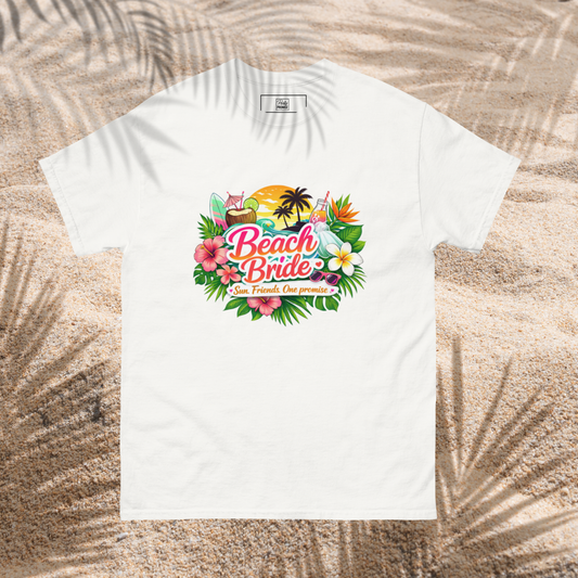 Tropical Beach Bride graphic t shirt with palm trees, flowers and sunset beach design, perfect for a destination bachelorette party or summer bridal celebration white
