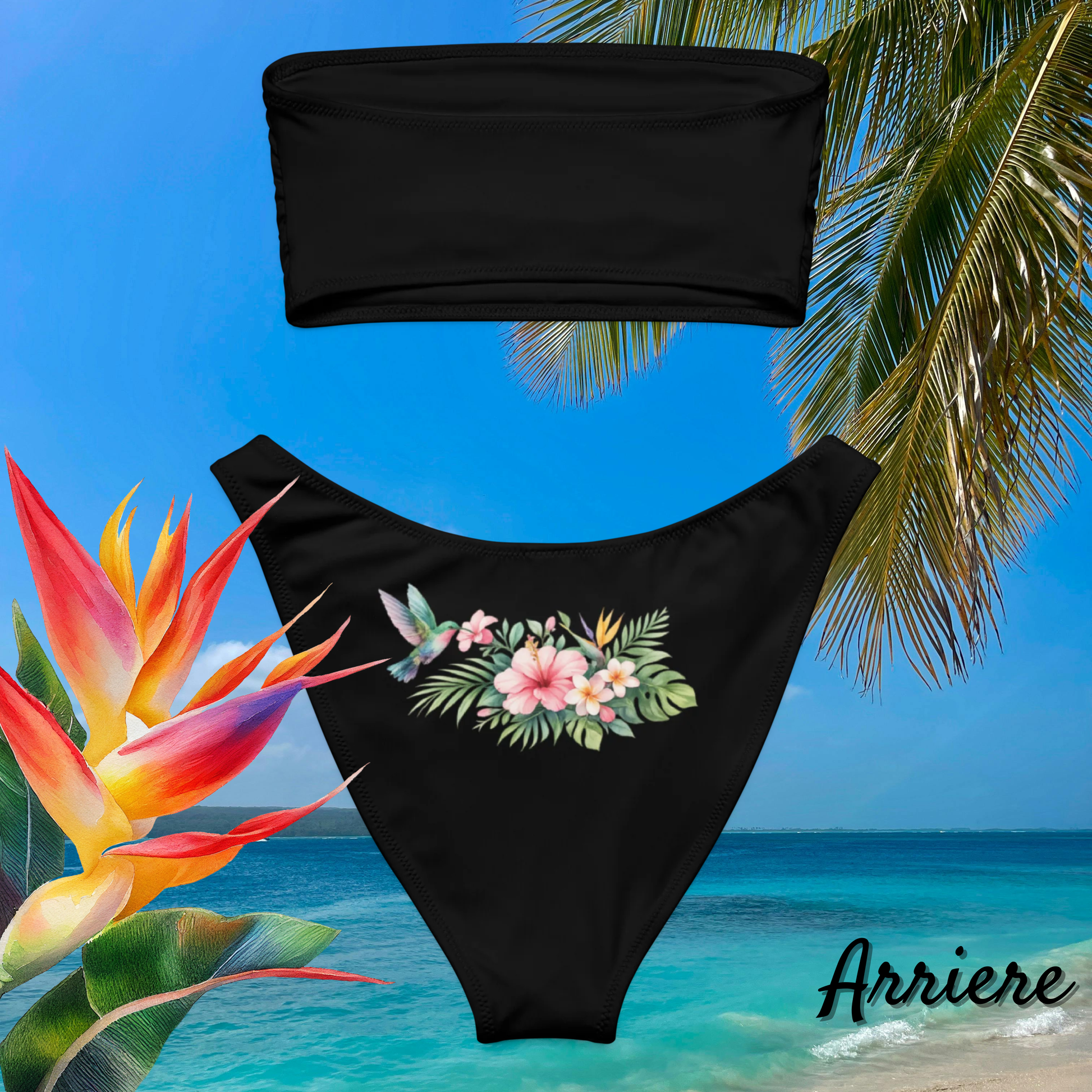 Vue arrière d’un bikini bandeau noir Équipe de la Mariée avec coupe moderne et confortable pour beach party et look coordonné entre demoiselles d’honneur.