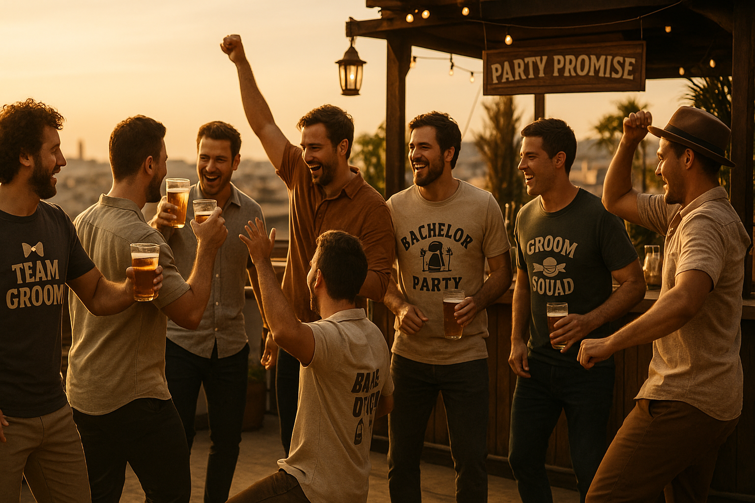 A wide, warm-toned rooftop celebration at golden hour featuring a group of men enjoying drinks, laughter, and relaxed party energy. Natural silhouettes, soft sunlight, and earthy boho-chic details create a premium lifestyle atmosphere. Subtle “Party Promise” décor blends into the scene, while the outfits display fun bachelor-party logos, adding a stylish and festive touch.