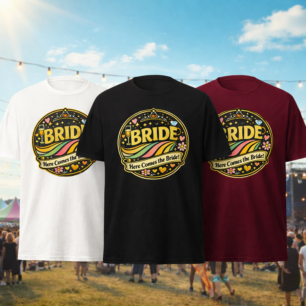 Women’s bride bachelorette party t-shirt with retro round “Bride Here Comes the Bride” design shown in white, black and burgundy front view in a music festival setting, ideal for hen party or bridal celebration.
