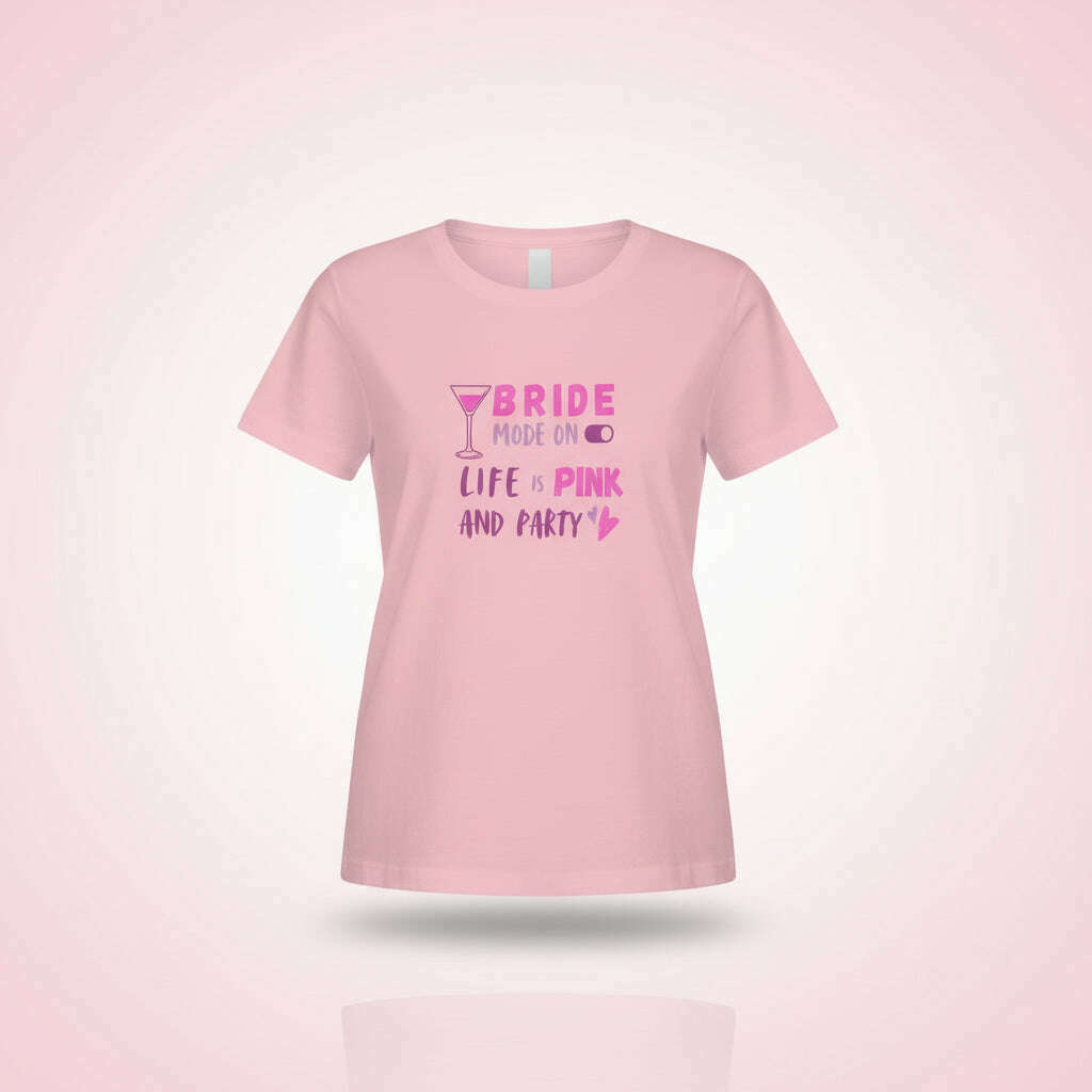 Pink women’s t-shirt with “Bride Crew – Life Pink and Party” slogan and cocktail icon, fun outfit for bachelorette party, girls trip or hen party celebration.