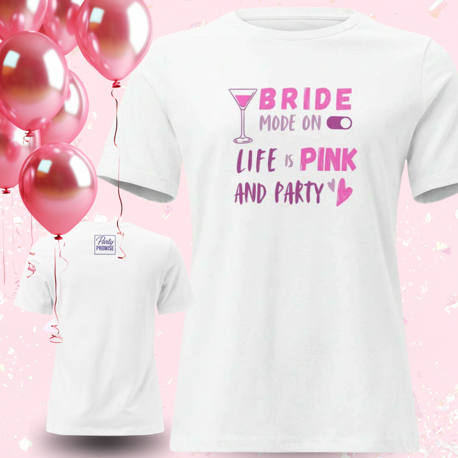 Women’s pink and white “Bride Crew – Life Pink and Party” t-shirts with party balloons background, stylish outfits for bridal squad, hen party or girls celebration.