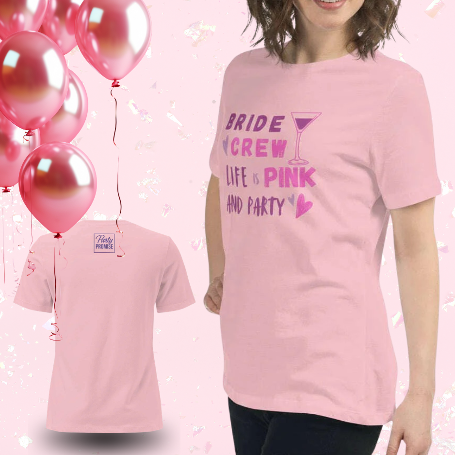 Woman wearing pink “Bride Crew – Life Pink and Party” t-shirt with party balloons background, stylish outfit for bridal squad, girls trip or bachelorette party.
