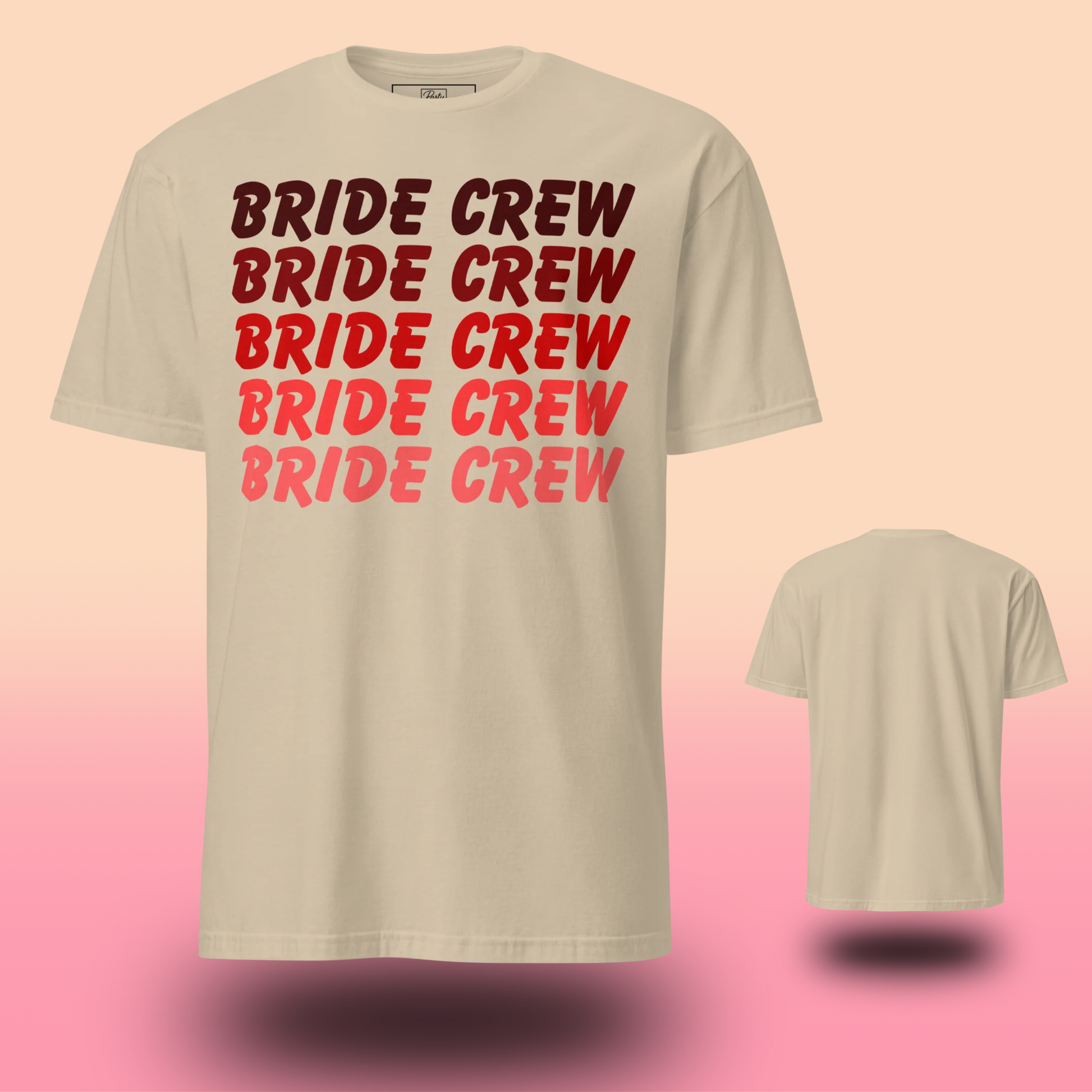 Beige Bride Crew t-shirt with red lettering design for coordinated bridal party outfit