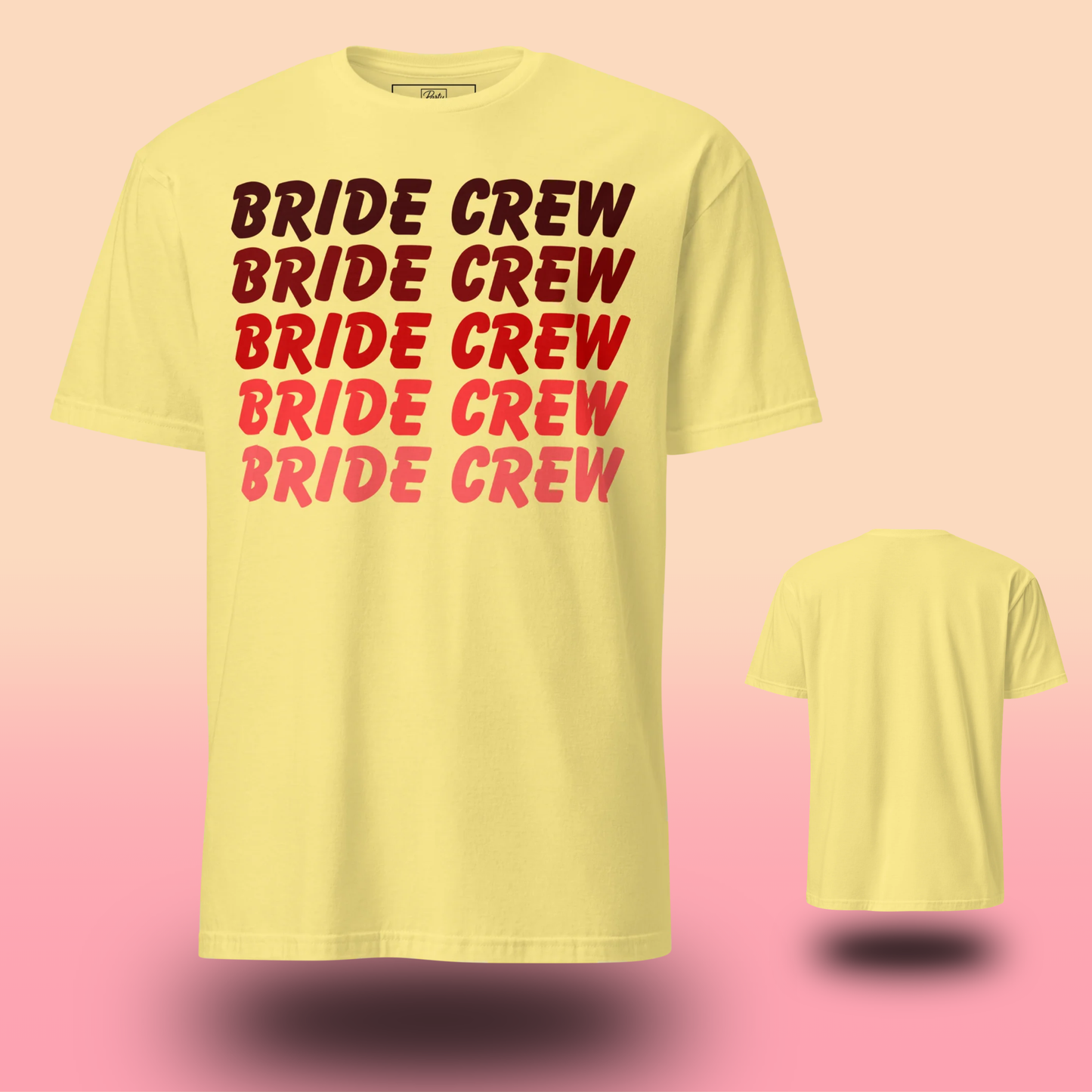 Yellow Bride Crew t-shirt with repeated lettering design for bridal party group outfit