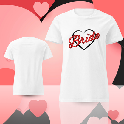 White bride t-shirt with bold neon red Bride lettering and heart design, ideal outfit for EVJF, bridal party and future bride celebrations.
