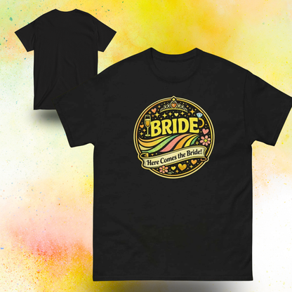 Bride Here Comes the Bride retro festival style t shirt with colorful vintage print, front and back view, perfect outfit for bachelorette party and bridal celebration weekend black