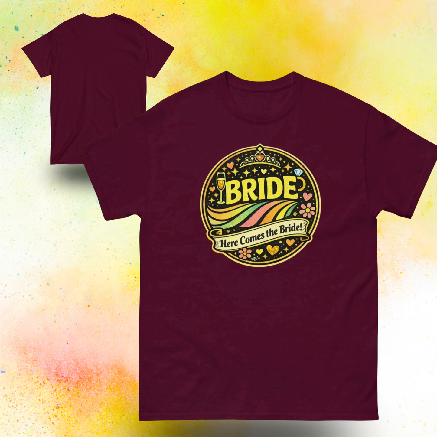 Bride Here Comes the Bride retro festival style t shirt with colorful vintage print, front and back view, perfect outfit for bachelorette party and bridal celebration weekend burgundy