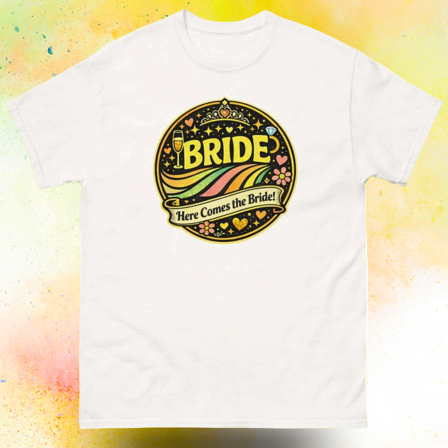 Bride Here Comes the Bride retro festival style t shirt with colorful vintage print, front and back view, perfect outfit for bachelorette party and bridal celebration weekend white