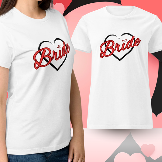 White EVJF bride t-shirt with red neon “Bride” script inside a black heart design, worn on model, perfect for bachelorette party and future bride outfit.