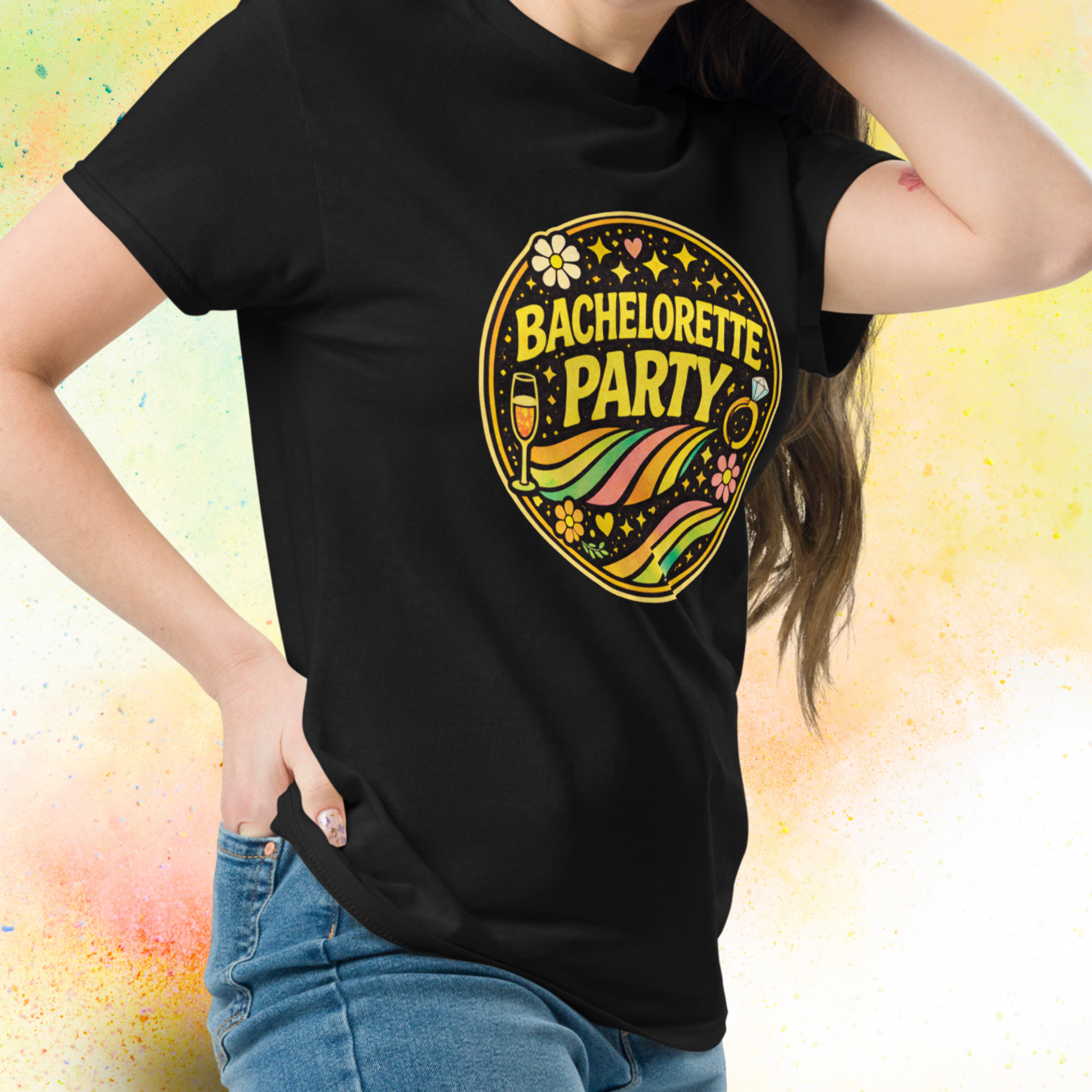 Retro style Bride Squad bachelorette party t shirt for bridal team celebration, matching outfit for hen party weekend and group of friends event white black burgundy