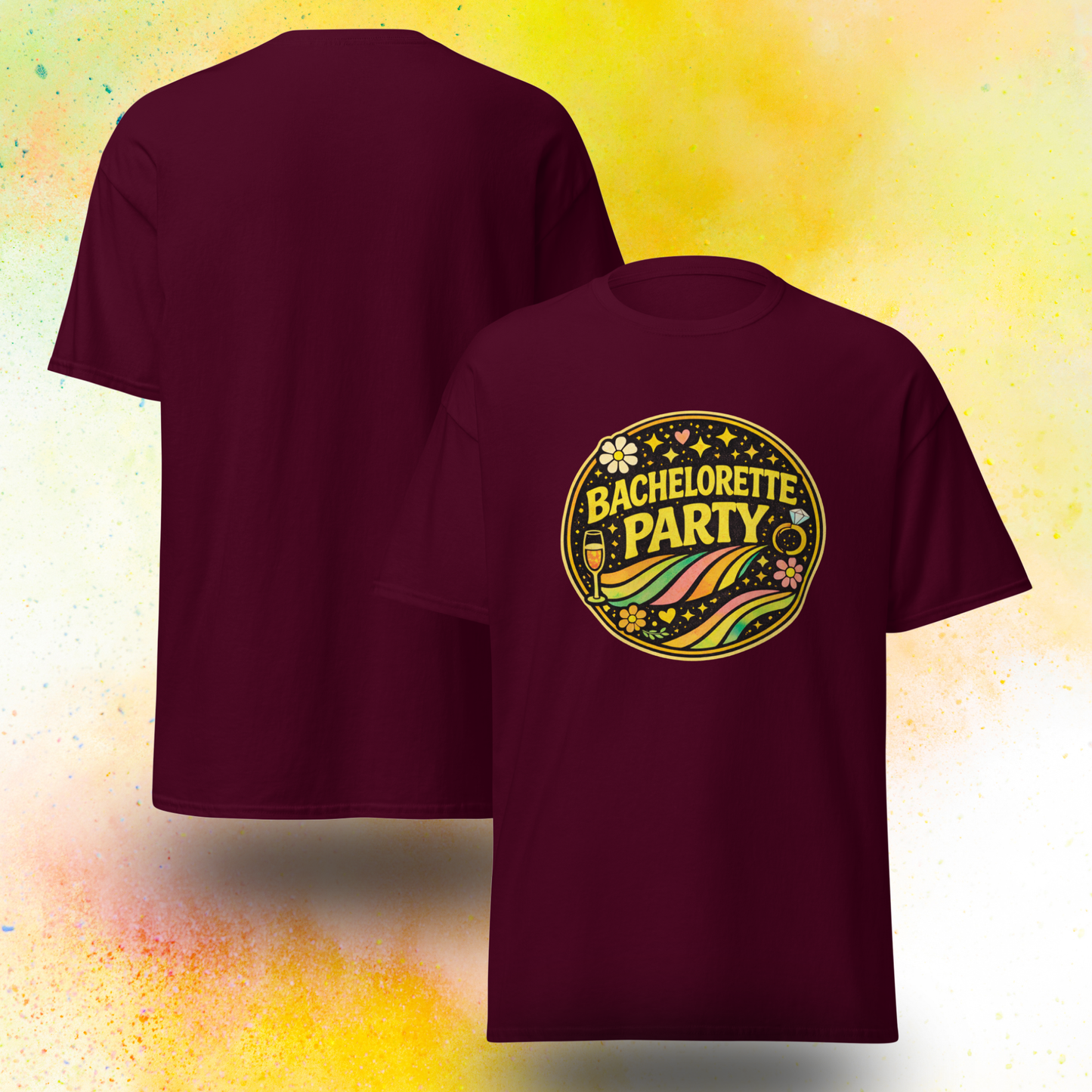 Retro style Bride Squad bachelorette party t shirt for bridal team celebration, matching outfit for hen party weekend and group of friends event  burgundy