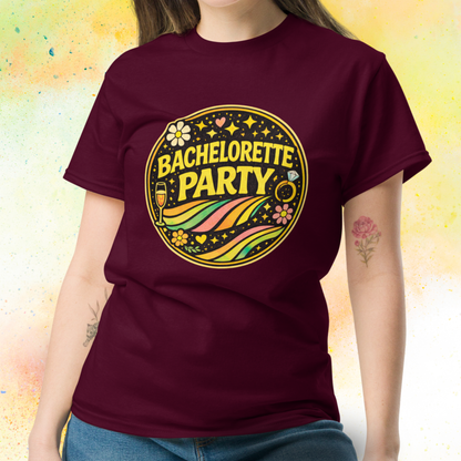 Retro style Bride Squad bachelorette party t shirt for bridal team celebration, matching outfit for hen party weekend and group of friends event burgundy