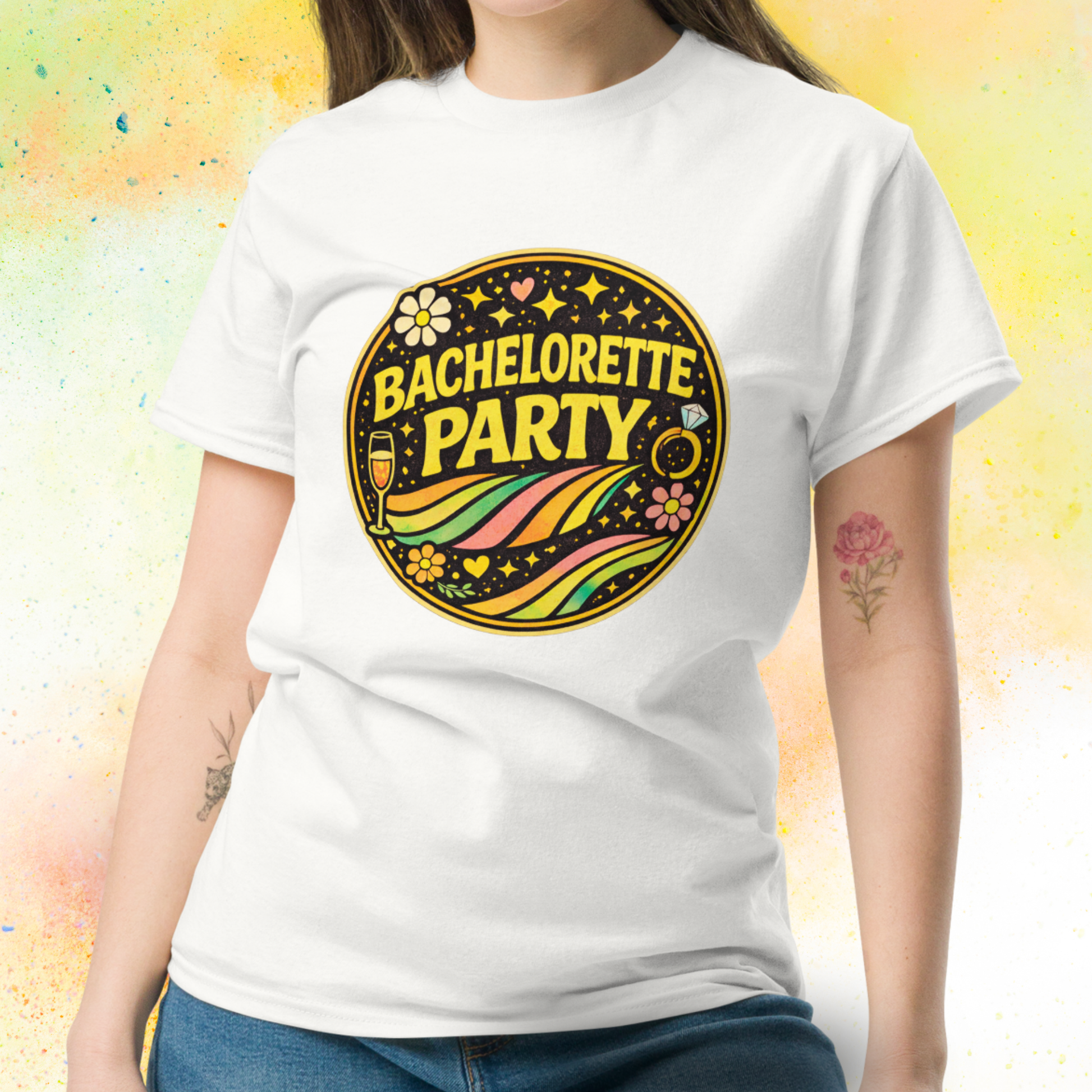 Retro style Bride Squad bachelorette party t shirt for bridal team celebration, matching outfit for hen party weekend and group of friends event white 