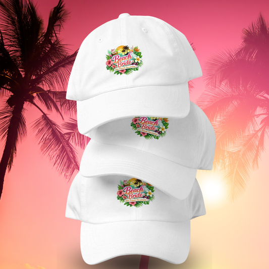 White Bride Squad floral baseball cap stacked display with tropical sunset background, perfect for bachelorette party and bridal team outfit – White