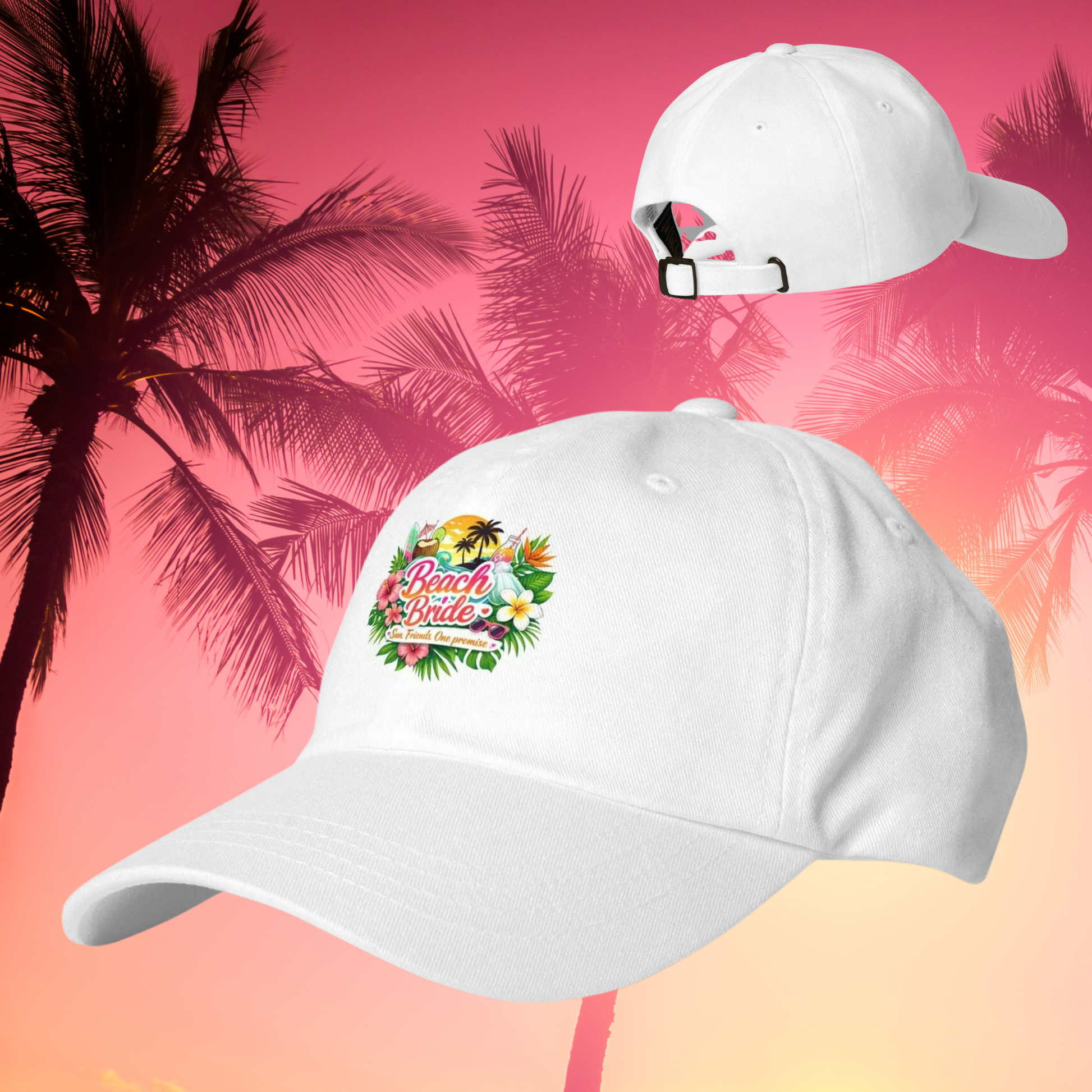 White floral Bride Squad baseball cap with embroidered design, stylish accessory for bachelorette weekend, bridal shower and beach hen party – White