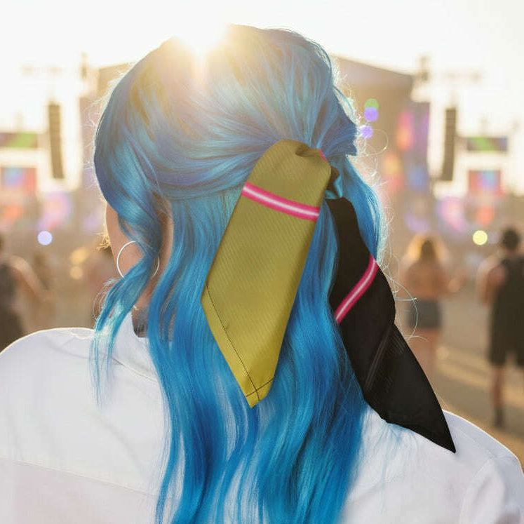 Back view of woman with blue hair wearing neon Bride To Be festival bandana tied at the back perfect for hen party and wedding weekend outfit Green Neon