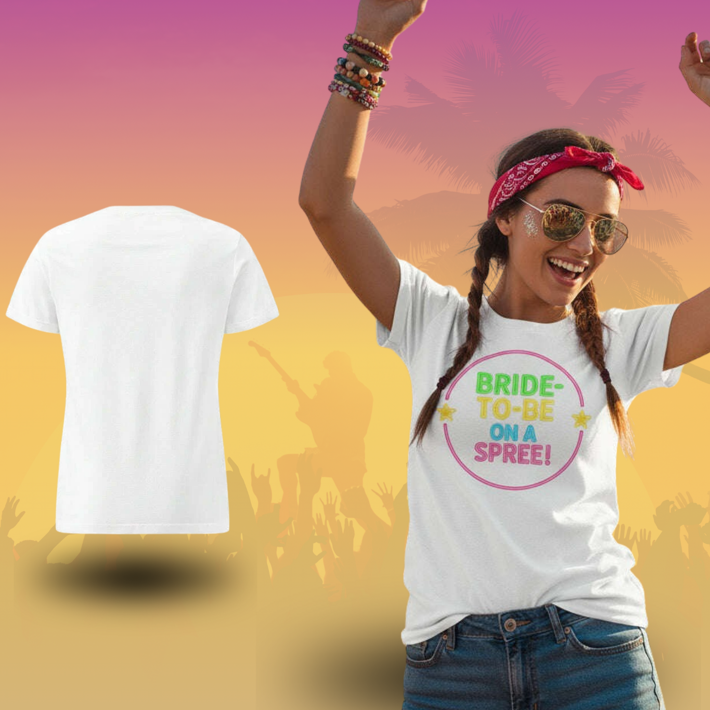 White t shirt featuring colorful Bride To Be On A Spree design ideal for bride tribe weekend and hen party outfit White