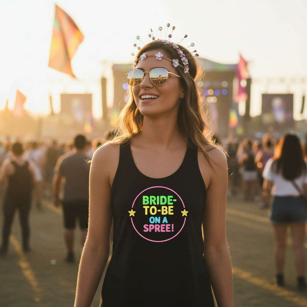 Woman wearing black Bride To Be On A Spree tank top with neon circular design at outdoor music festival perfect for bachelorette party girls trip and wedding weekend Black
