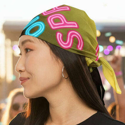 Woman wearing green neon Bride To Be On A Spree bandana at outdoor festival stylish accessory for bachelorette party and girls trip celebration Green Neon
