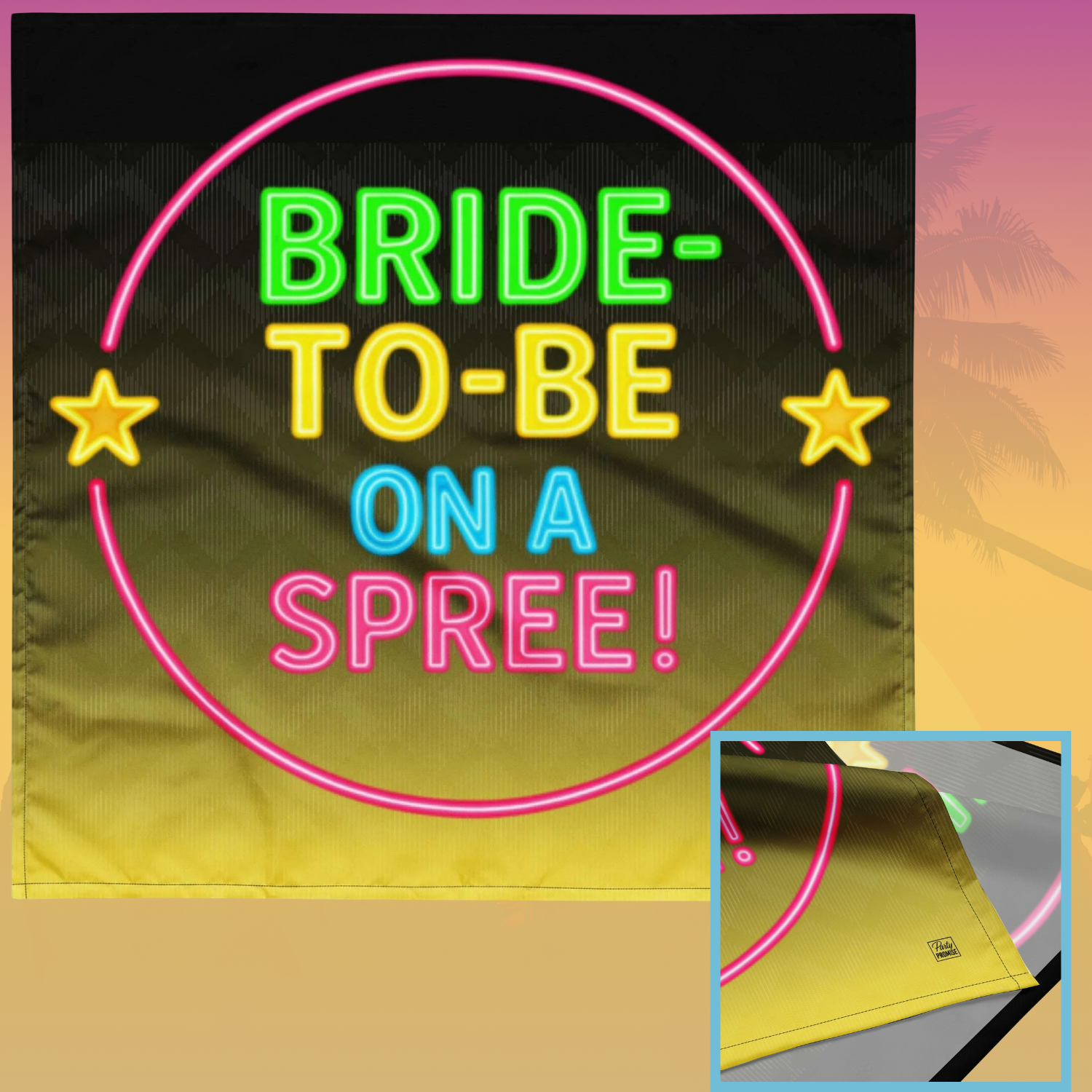 Neon Bride To Be On A Spree circular logo design vibrant festival style graphic for bachelorette accessories Green Neon