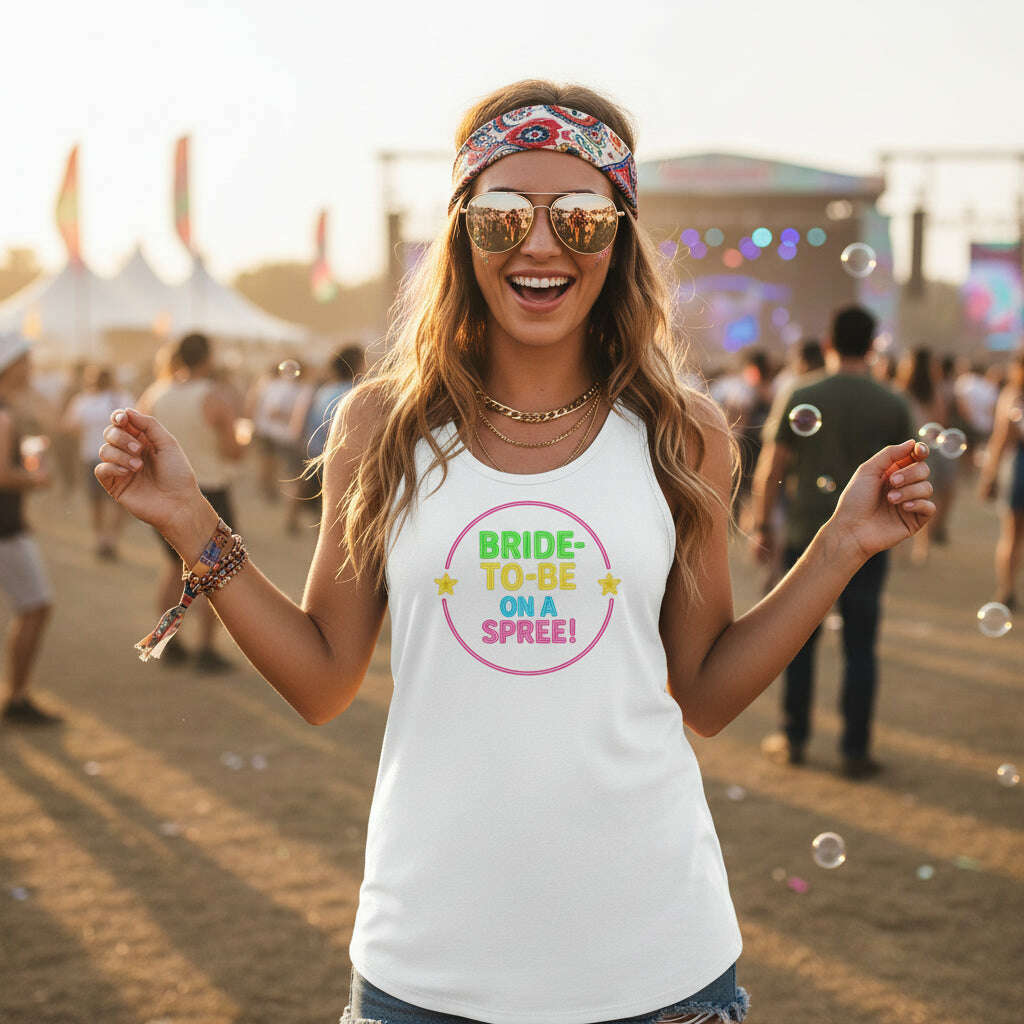 Smiling bride wearing white Bride To Be On A Spree tank top with neon design at outdoor music festival perfect for Nashville or Vegas bachelorette weekend White