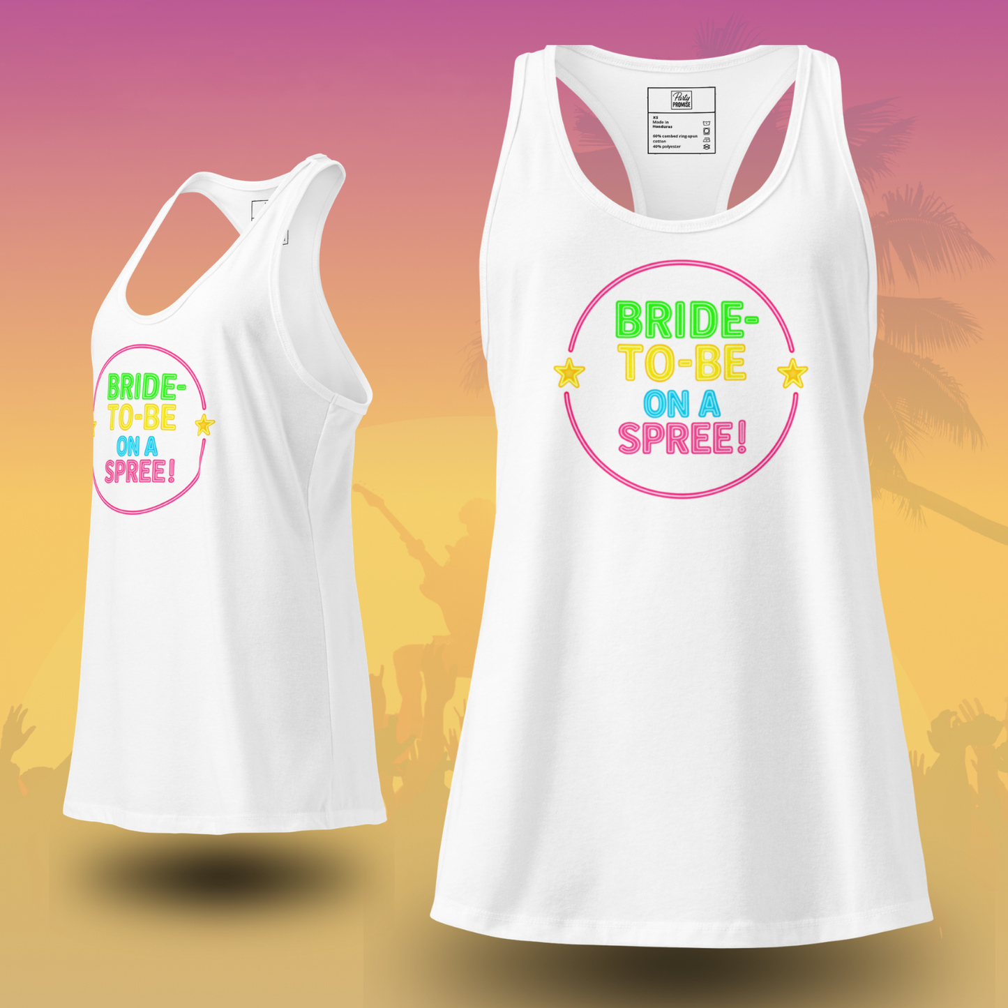 White racerback tank top with neon Bride To Be On A Spree design perfect for bachelorette party weekend Nashville trip Vegas bach or summer music festival White