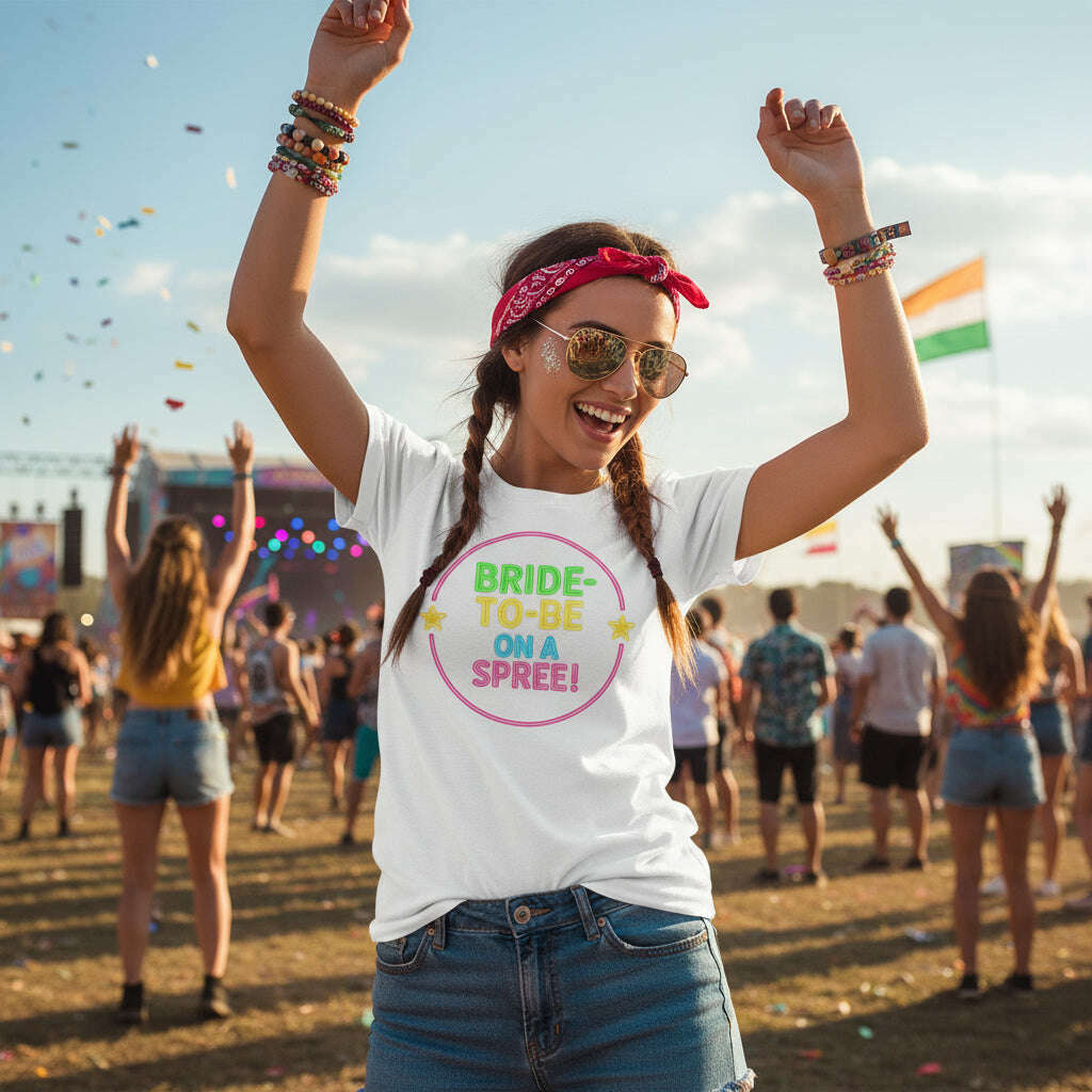 Bride wearing white Bride To Be On A Spree t shirt with colorful neon print at summer festival ideal for bachelorette party and girls trip White