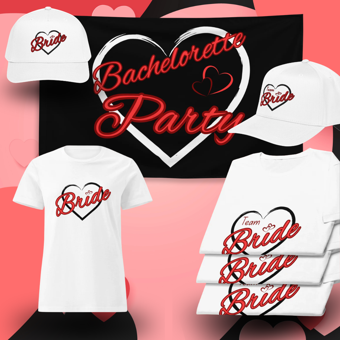 Bachelorette party setup with Bride and Team Bride t shirts, embroidered caps and Bachelorette Party flag, perfect outfit and decoration for EVJF celebration.