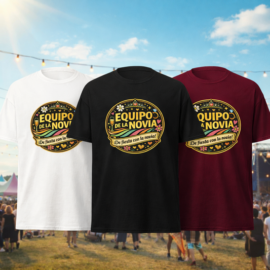 Camiseta Equipo de la Novia para despedida de soltera con diseño redondo retro disponible en blanco, negro y burdeos mostrada en vista frontal en un ambiente de festival musical, ideal para celebración de despedida o fiesta de la novia.