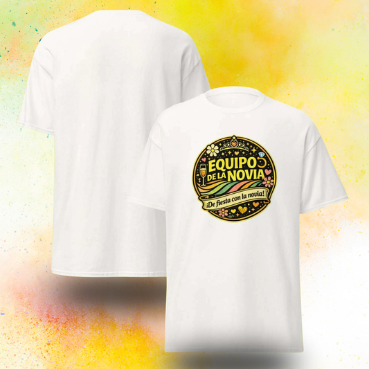 Camiseta Equipo de la Novia con frase De fiesta con la novia y diseno retro colorido, ideal para despedida de soltera y celebracion EVJF, modelo para grupo de amigas blanca