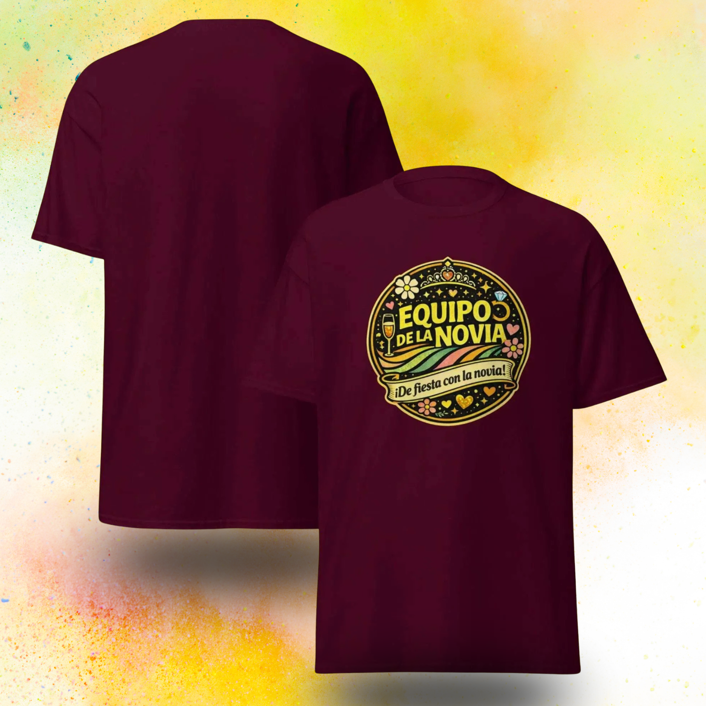 Camiseta Equipo de la Novia con frase De fiesta con la novia y diseno retro colorido, ideal para despedida de soltera y celebracion EVJF, modelo para grupo de amigas 