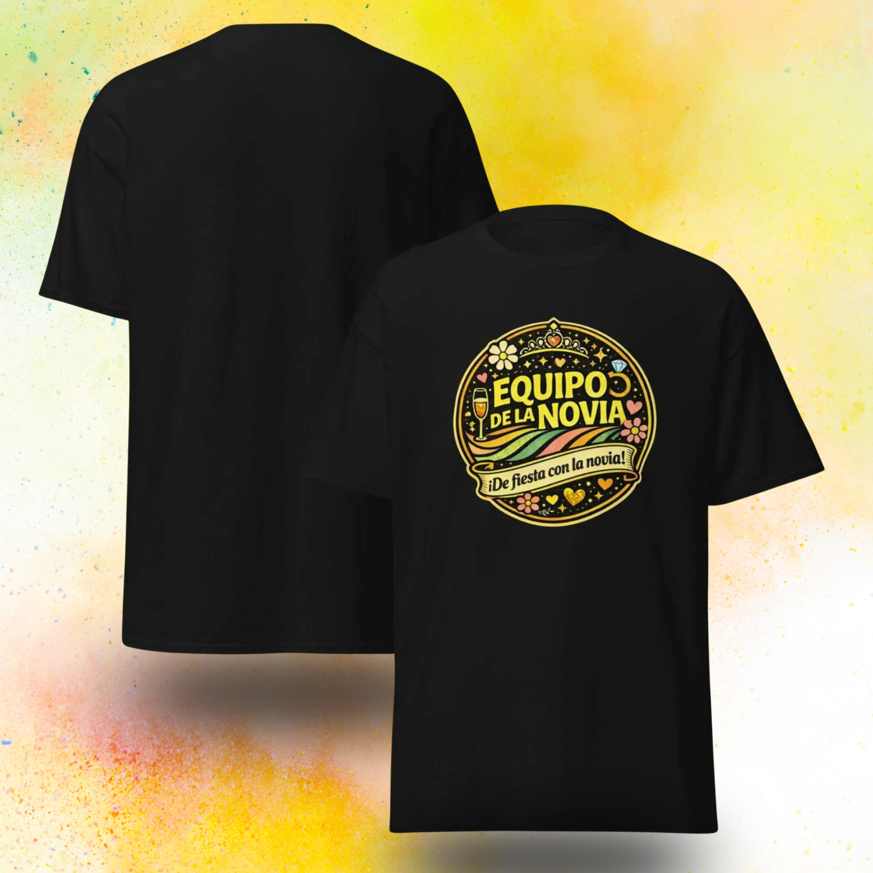 Camiseta Equipo de la Novia con frase De fiesta con la novia y diseno retro colorido, ideal para despedida de soltera y celebracion EVJF, modelo para grupo de amigas negra