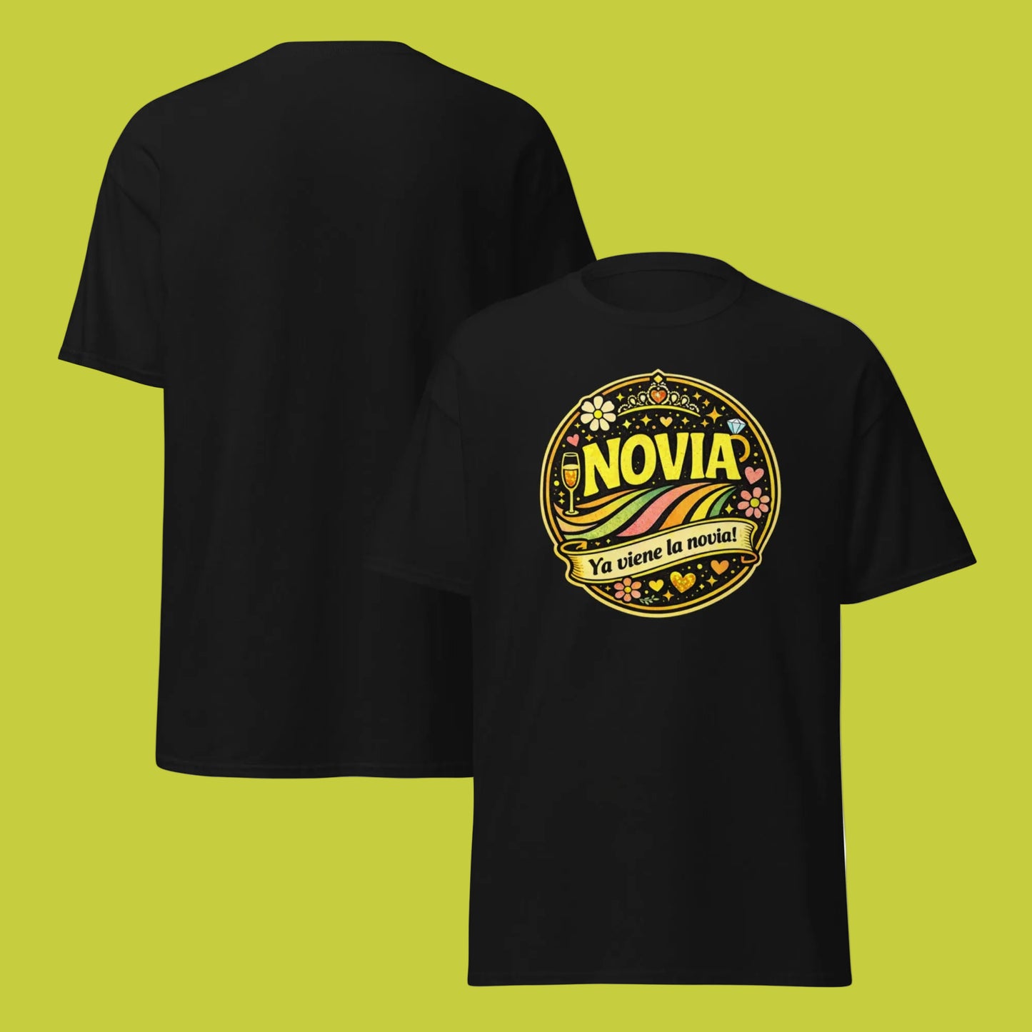 Camiseta negra Novia con gráfico circular estilo festival retro y mensaje “Ya viene la novia” en la parte frontal.