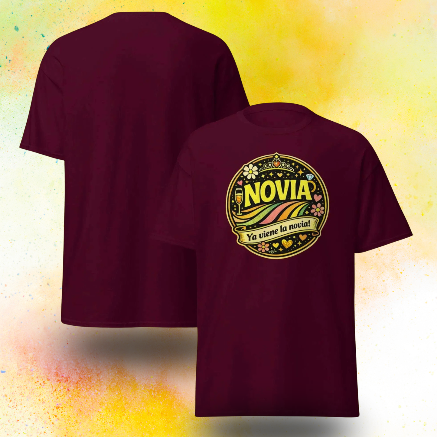 Camiseta Novia con frase Ya viene la novia y diseno retro colorido, ideal para despedida de soltera y celebracion EVJF, modelo para futura novia burdeos