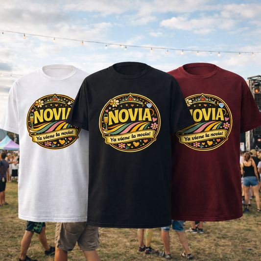 Tres camisetas para despedida de soltera con diseño circular “NOVIA” estilo retro boho en colores blanco, negro y burdeos, mostradas de frente en ambiente de festival musical.