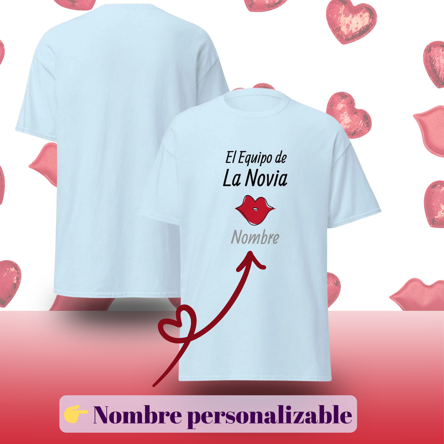 Camiseta personalizada Equipo de la Novia con nombre editable, ideal para despedida de soltera y celebracion de bachelorette party, diseno con labios rojos sobre fondo festivo azul