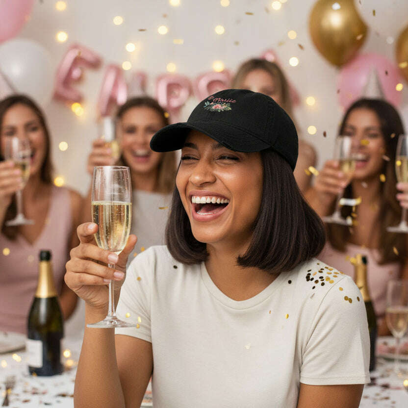 Future mariee portant une casquette noire La Mariee motif floral tropical lors dun enterrement de vie de jeune fille, celebration entre amies avec champagne et ambiance festive noir.