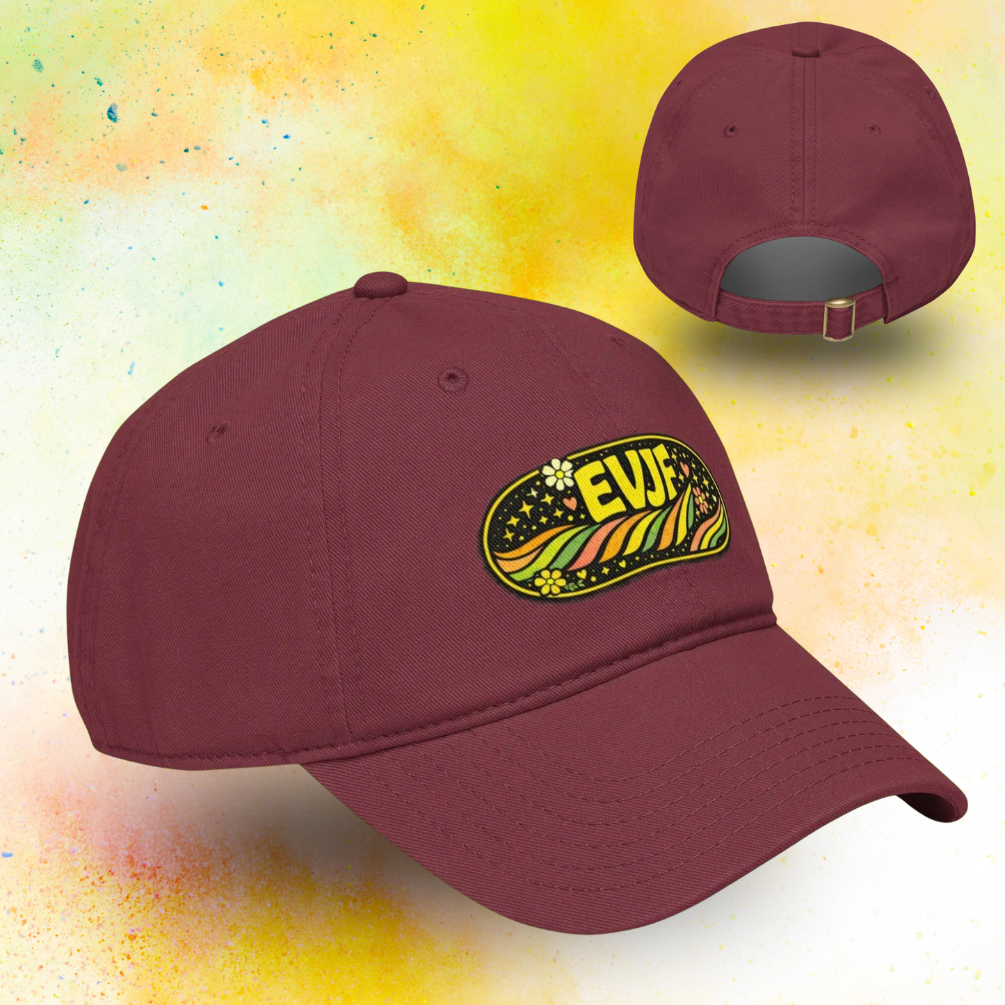 Casquette EVJF avec design retro coloré et motif floral, accessoire ideal pour enterrement de vie de jeune fille et fete entre amies, modele ajustable bordeaux