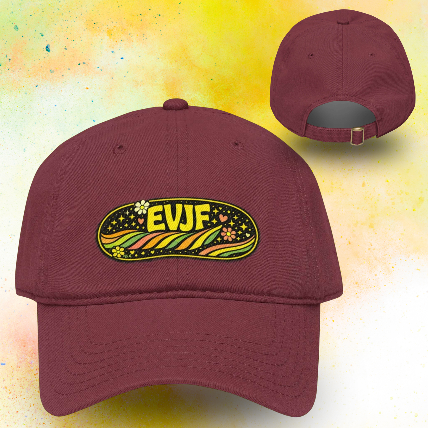 Casquette EVJF avec design retro coloré et motif floral, accessoire ideal pour enterrement de vie de jeune fille et fete entre amies, modele ajustable bordeaux