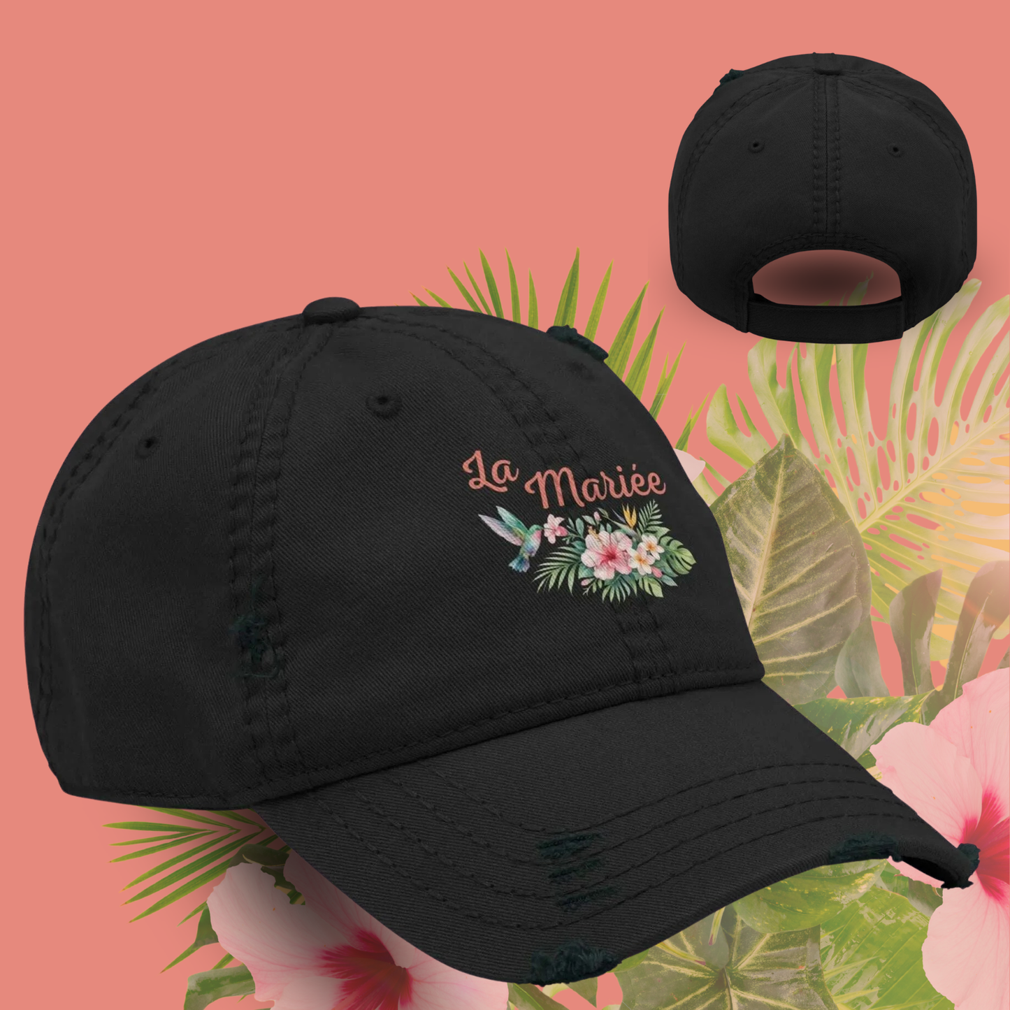 Casquette noire La Mariee avec motif floral tropical et colibri, accessoire ideal pour EVJF, future mariee, bachelorette party et mariage destination ete noir.